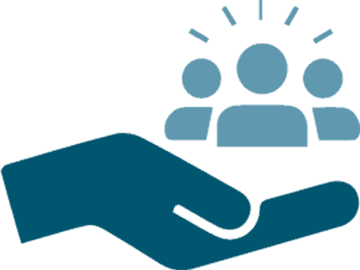 Hand with 3 people shapes in it, icon in blue
