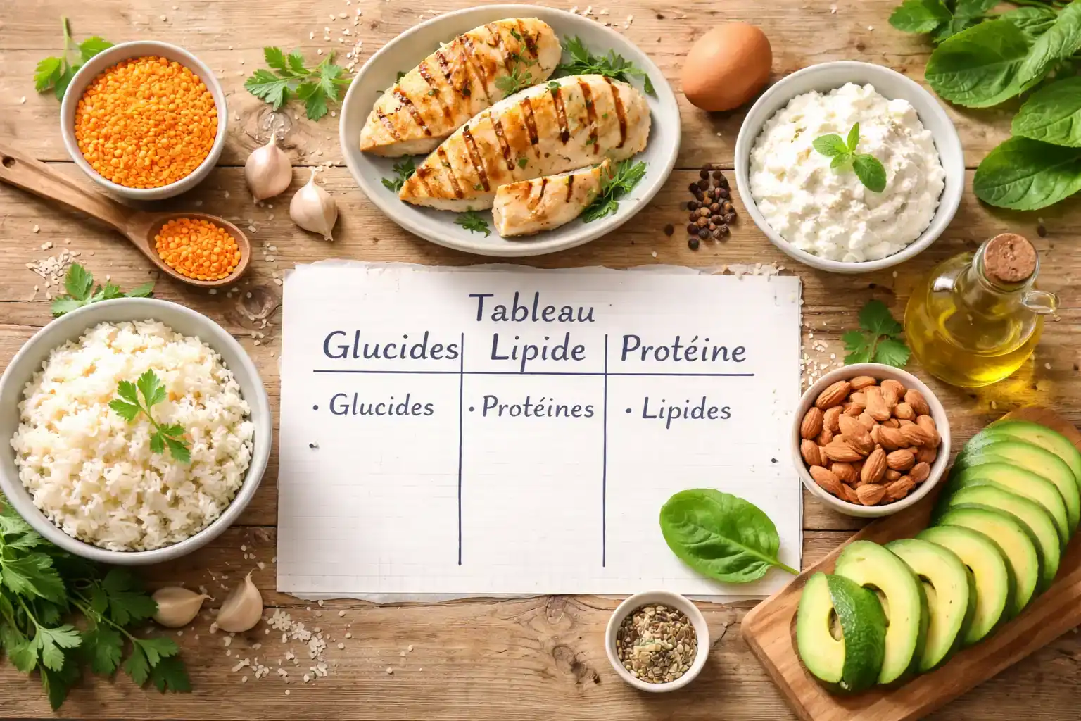 tableau glucide lipide proteine sur table avec aliments