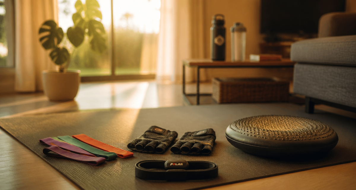 Accessoires de sport sur tapis à la maison