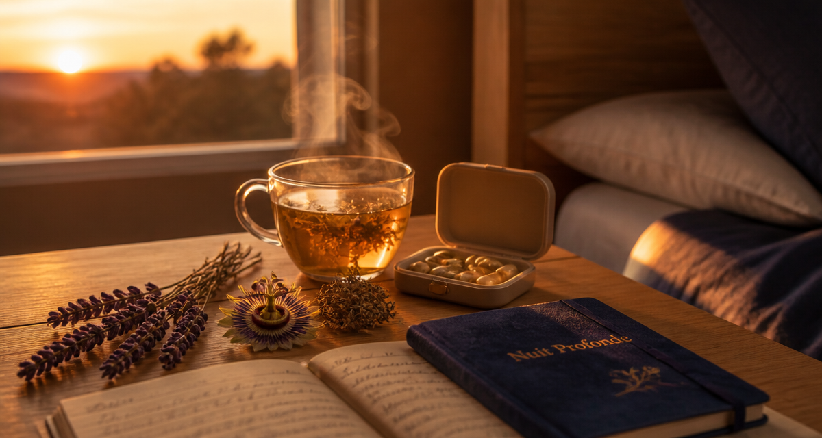 complements alimentaires pour dormir tisane et gélules sur table de chevet