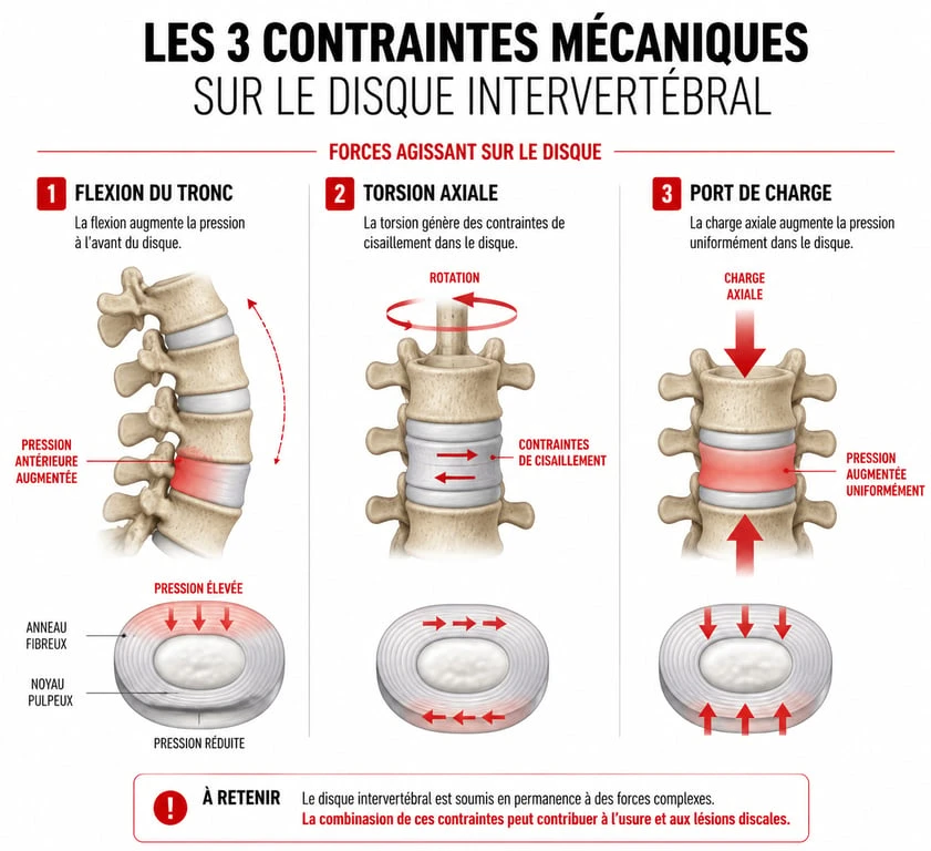 Schéma des mouvements interdits en cas de hernie discale : flexion, torsion et port de charge