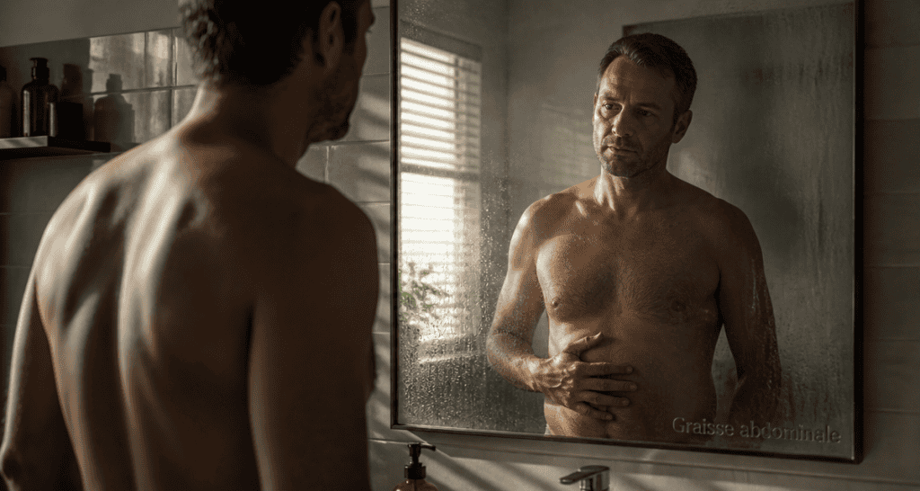 graisse sur le ventre homme reflet salle de bain