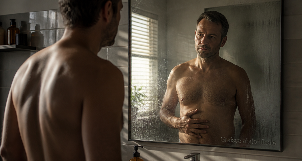 graisse sur le ventre homme reflet salle de bain