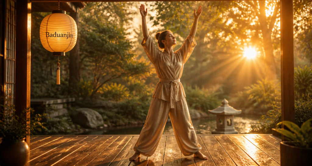 les 8 postures du qi gong baduanjin femme terrasse