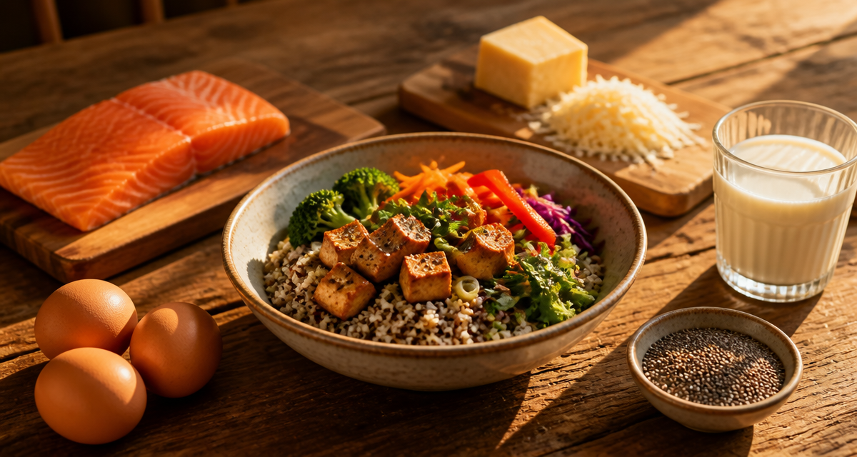 aliments et acides amines sur table en bois