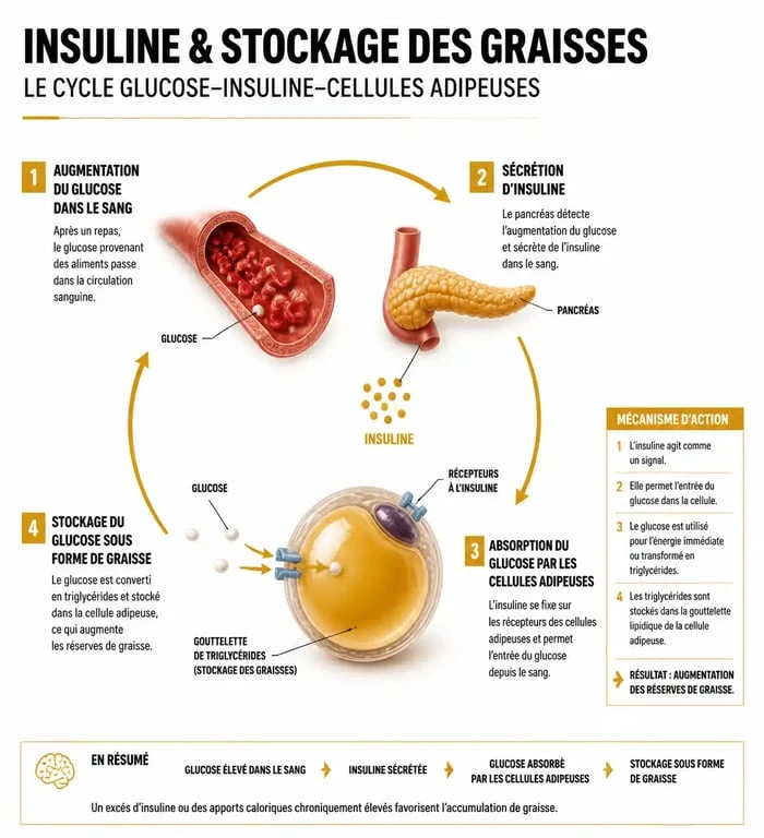 Infographie explicative du mécanisme de l'insuline et de la glycémie pour la perte de poids
