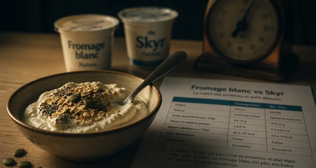 Fromage blanc protéiné, skyr : bol avec graines et flocons d’avoine