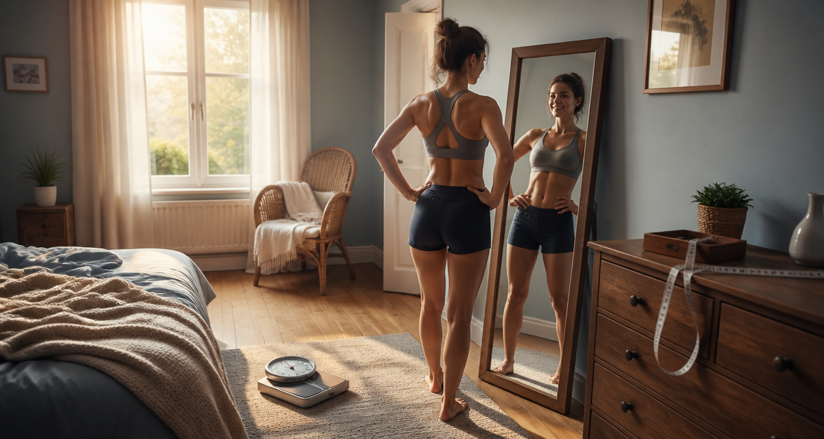 je ne perds pas de poids mais je m affine femme devant miroir