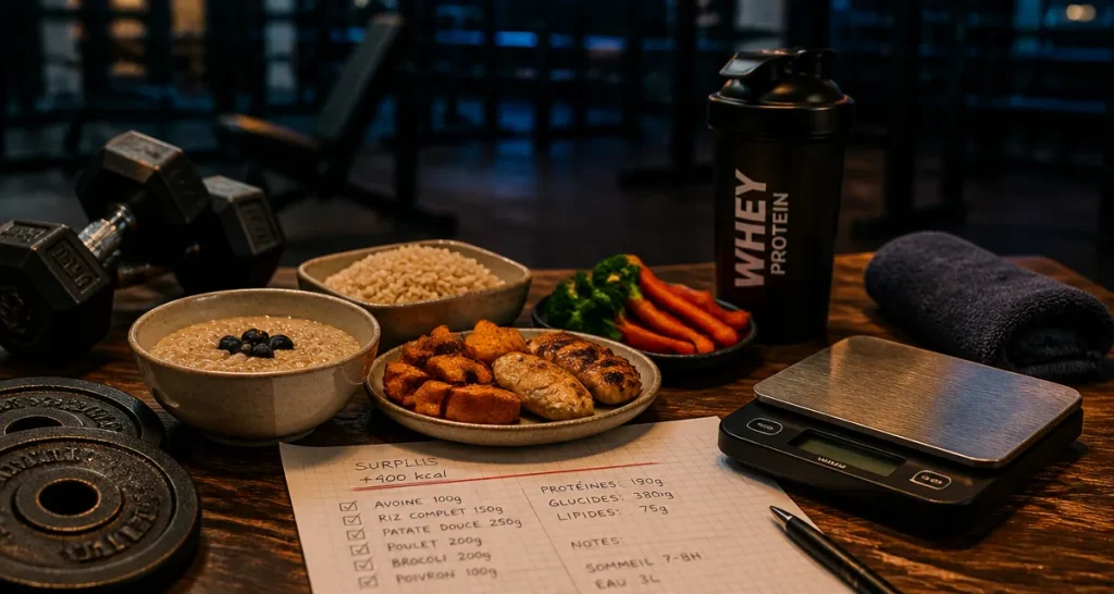 Prise de masse musculaire : repas bulk, shaker whey et calcul surplus calories