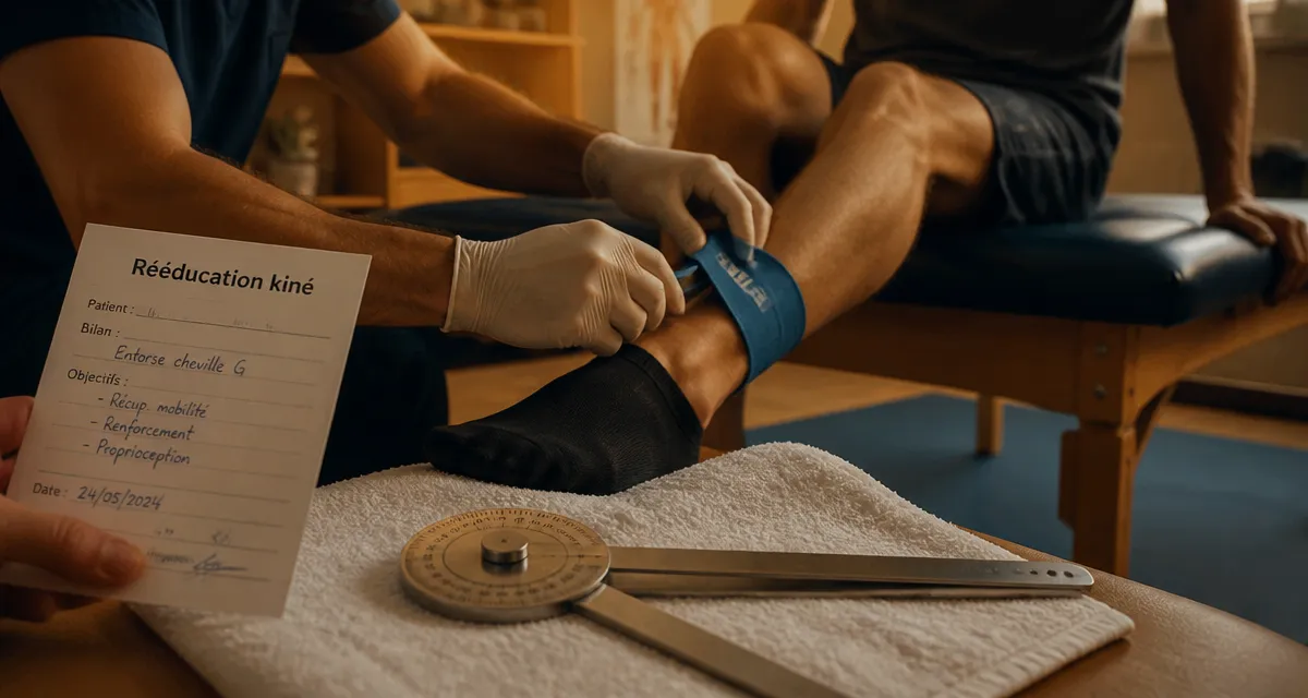 Rééducation kine : kinésithérapeute ajuste élastique pour cheville du patient