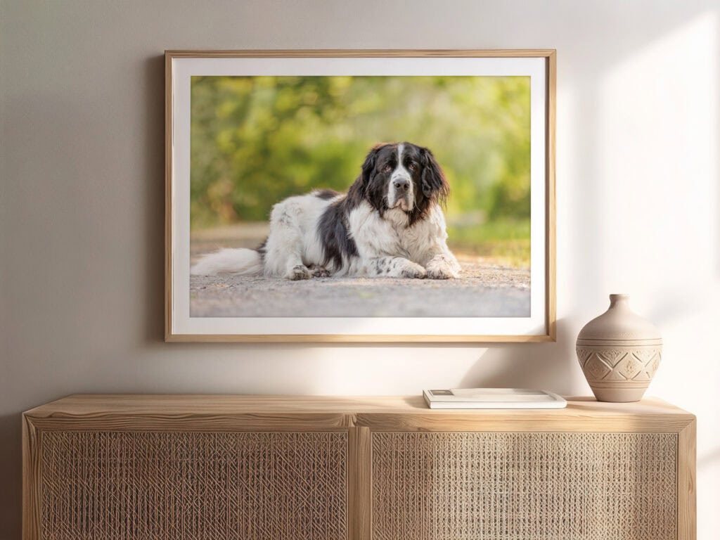 image of a Newfoundland dog framed and on the wall above a cabinet