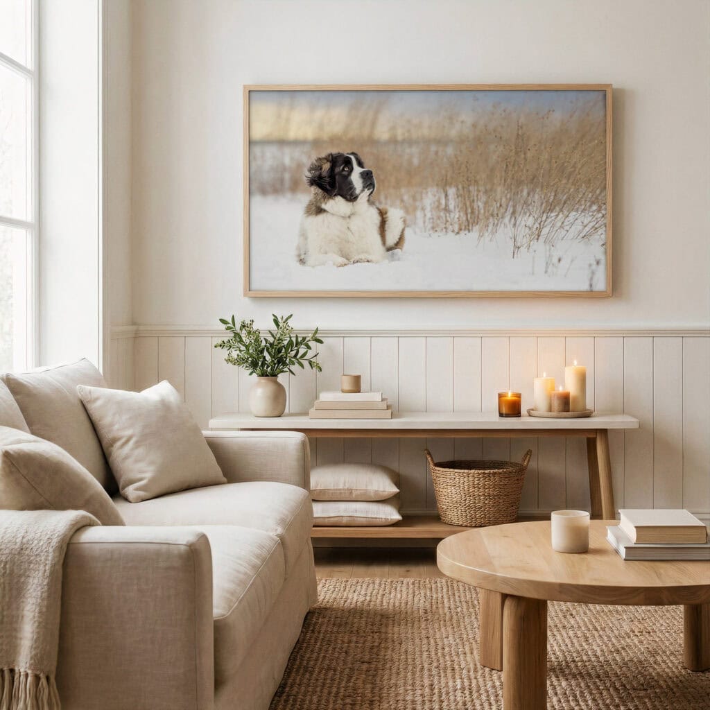 An image of a neutral toned livingroom with a framed picture of a Saint Bernard laying in the snow at Niagara Shores Park in Niagara on the Lake