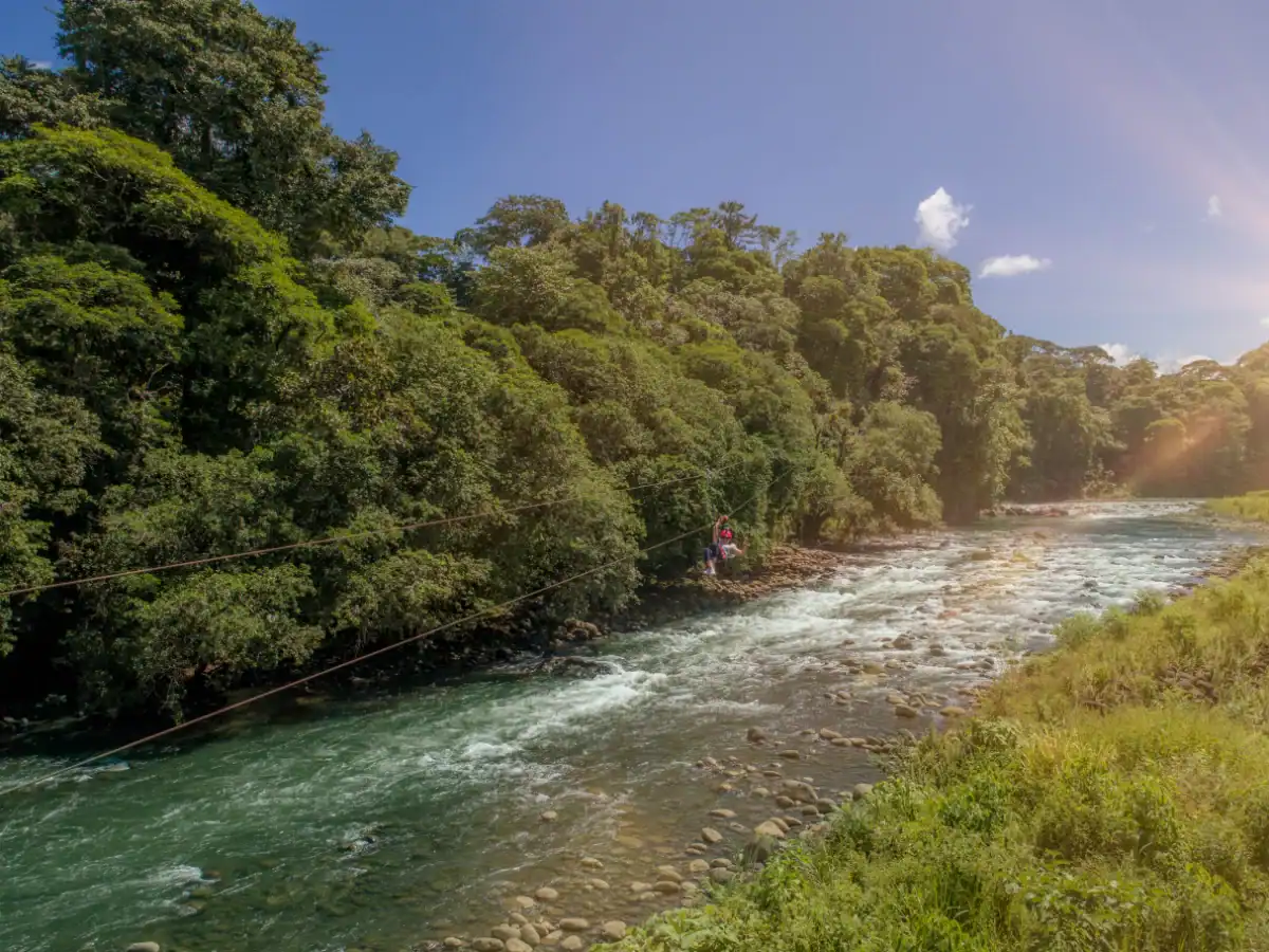 Río con aguas claras y vegetación frondosa a ambos lados bajo cielo despejado.