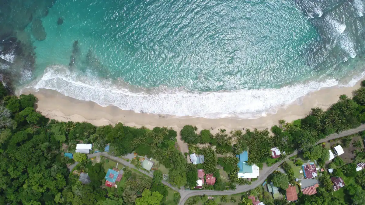 Vista aérea de una playa con agua azul, arena y casas rodeadas de vegetación.
