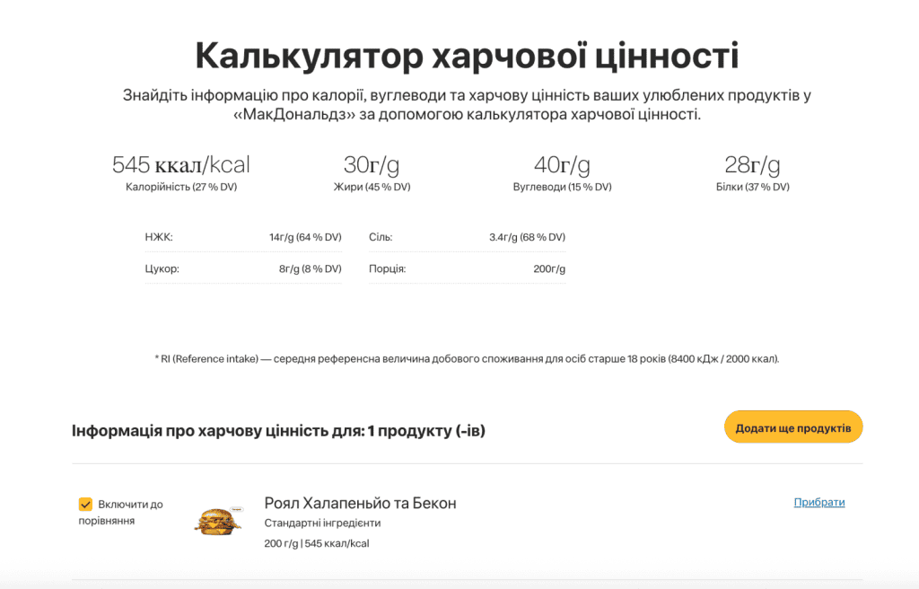 McDonald's nutritional calculator