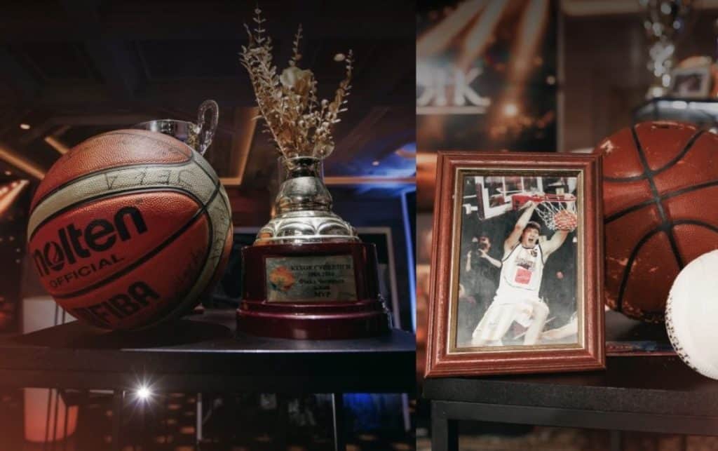 Awards, ball and photo during participation in the basketball championship by bachelor Vyacheslav