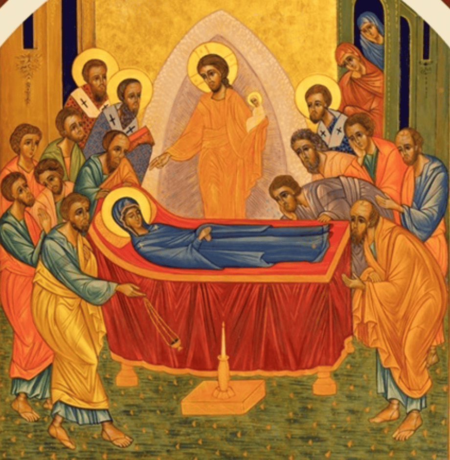 The icon depicts the Assumption of the Blessed Virgin Mary.
