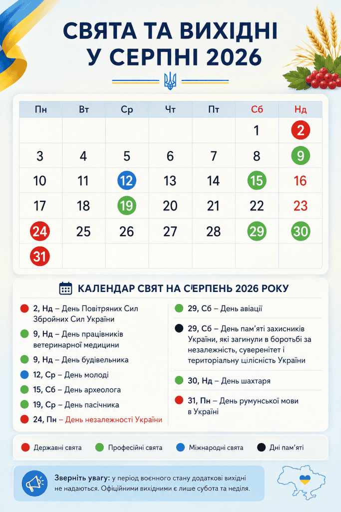Свята та вихідні у серпні 2026