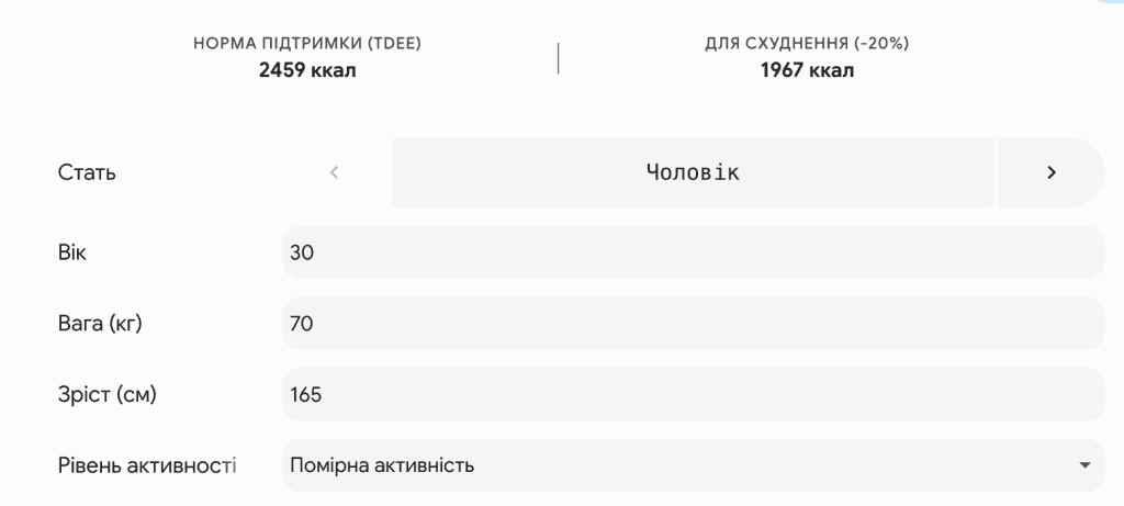 Пример расчета дефициита калорий для мужчины в умеренной активности