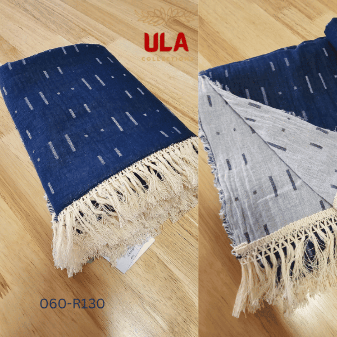 A split image showing a navy blue woven throw blanket or textile with a horizontal Ikat pattern of short white dash marks. The textile has a wide cream tassel fringe along the edge and is finished with a thin crochet lace trim.