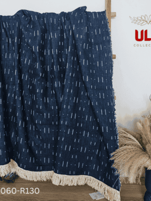 A split image showing a navy blue woven throw blanket or textile with a horizontal Ikat pattern of short white dash marks. The textile has a wide cream tassel fringe along the edge and is finished with a thin crochet lace trim.