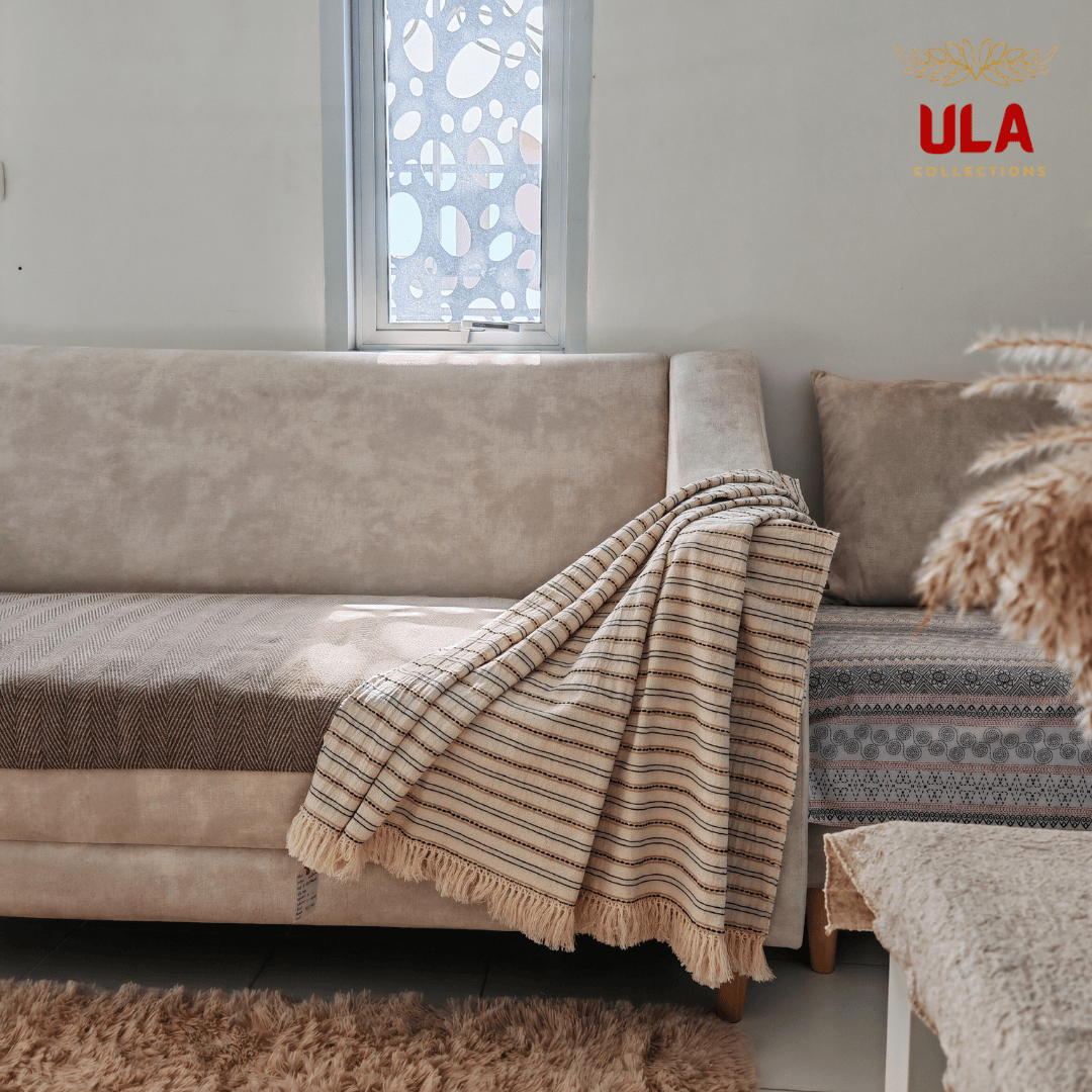A cream-colored throw blanket featuring thin, horizontal dark brown or black stripes and a matching fringe edge. It is draped over a light tan sofa in a bright, minimalist living room setting. The scene includes a decorative pampas grass arrangement in the foreground and a frosted window behind the couch.
