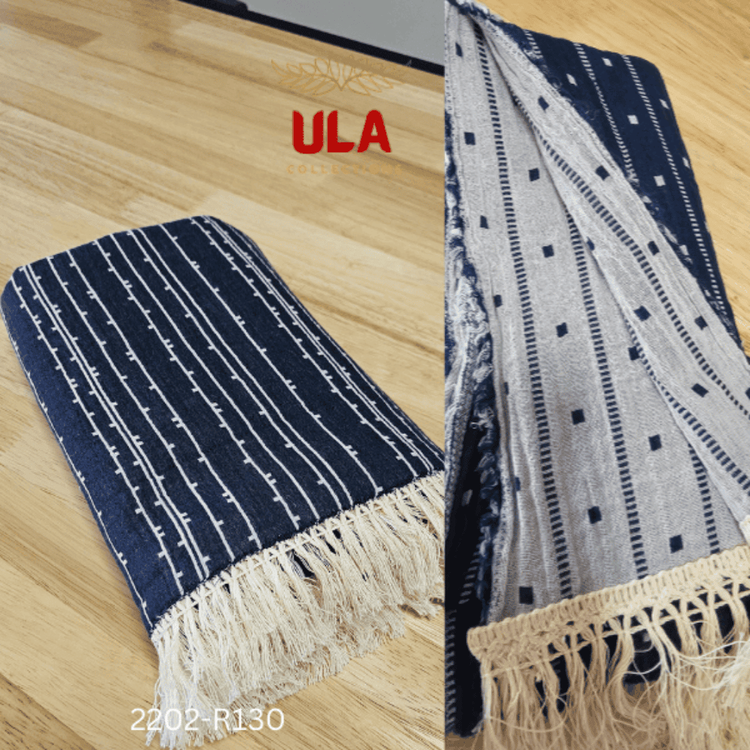 A large navy blue woven throw blanket or textile featuring a vertical pin-stripe pattern made up of dashed or dotted white lines.