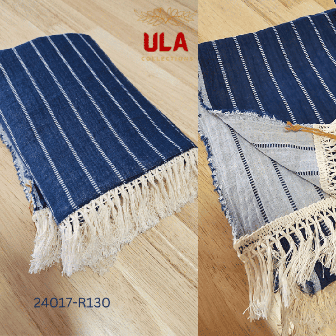 A split image showing a navy blue woven throw blanket or table runner with a vertical white pin-stripe pattern. The textile has a distressed or fringed edge and is accented with a wide, decorative cream crochet lace trim with tassels.