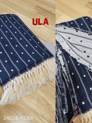A large navy blue woven throw blanket or textile featuring a vertical pin-stripe pattern with alternating solid dashed lines and columns of small white polka dots.