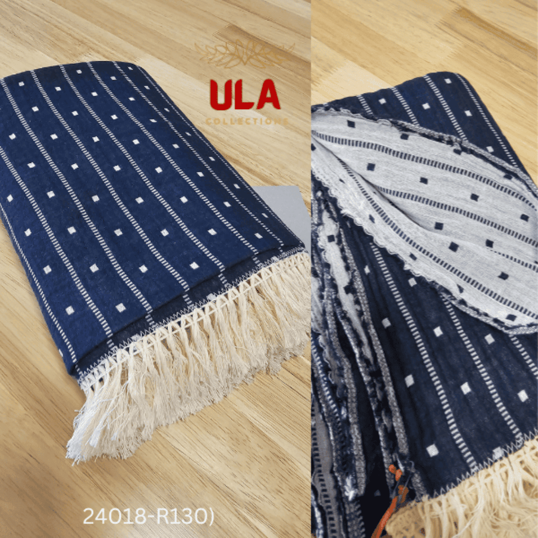 A large navy blue woven throw blanket or textile featuring a vertical pin-stripe pattern with alternating solid dashed lines and columns of small white polka dots.