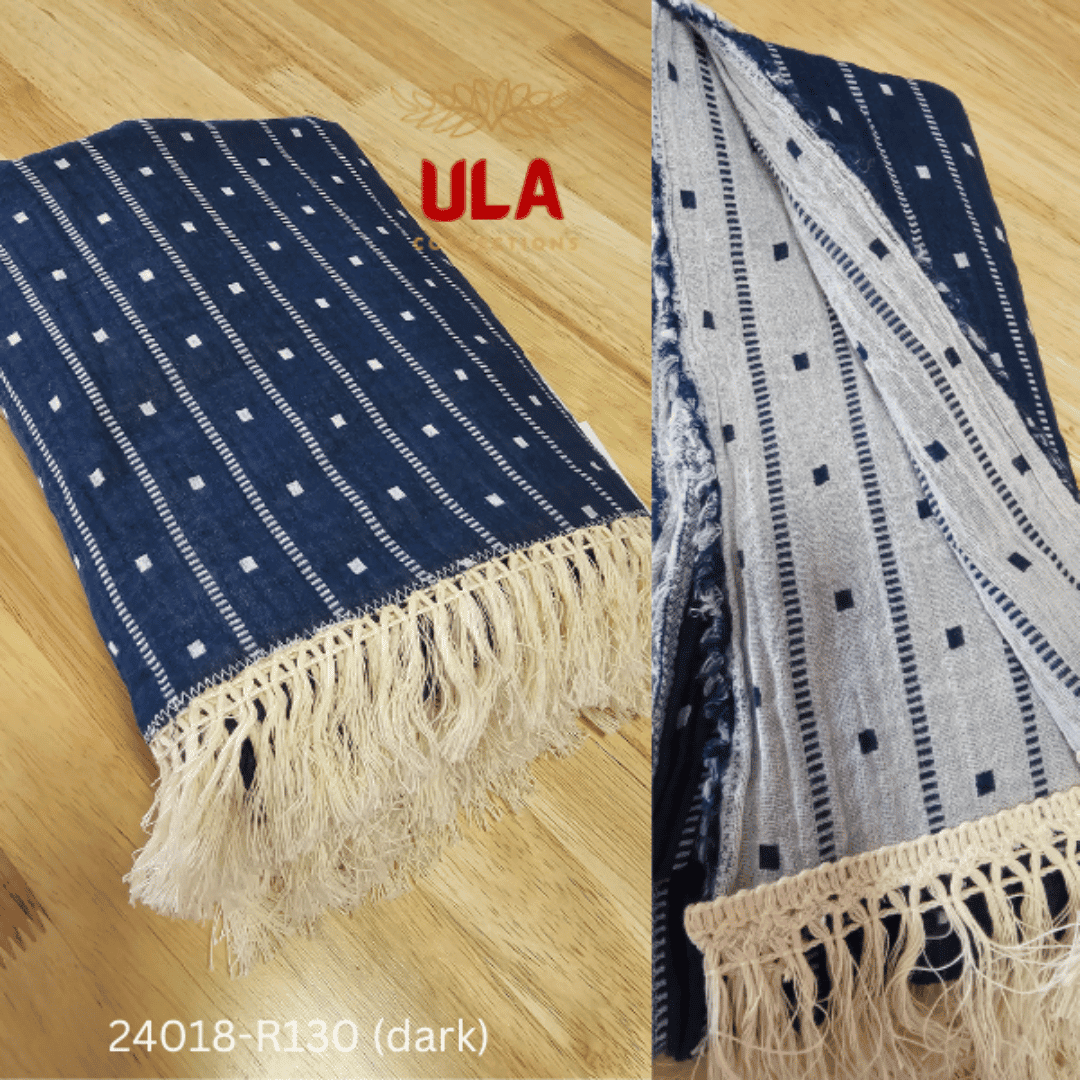 A large navy blue woven throw blanket or textile featuring a vertical pin-stripe pattern with alternating solid dashed lines and columns of small white polka dots.