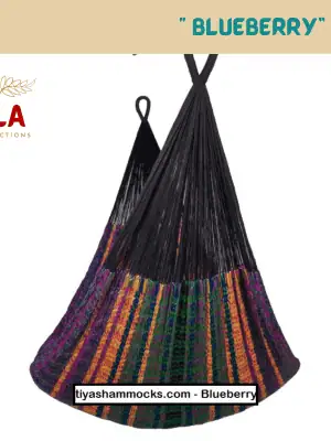 Blueberry-themed hammock with a dark, rich, jewel-tone color palette. The bottom features beautiful, textured stripes of purple, dark green, and bright gold/orange.