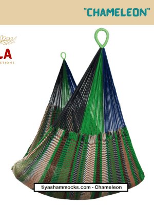 Chameleon-pattern rope hanging chair for indoor or outdoor use. The vibrant green, blue, and earth-tone colors blend well with any setting.