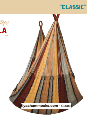 Handwoven 'Classic' hammock in earthy, muted colors: rust red, gold, beige, and gray, isolated product shot.