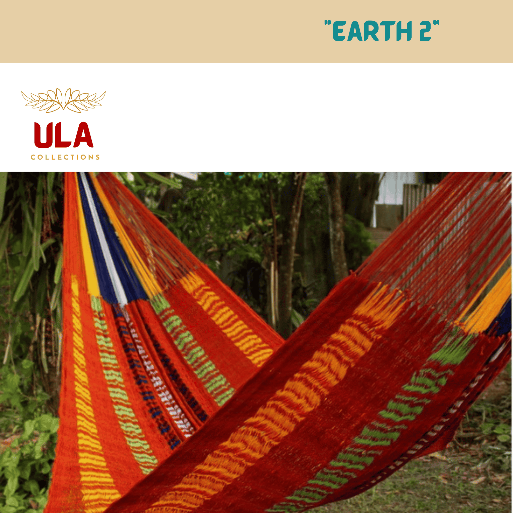 hammock with red, yellow, green, and blue stripes hanging in a natural, lush green outdoor environment.