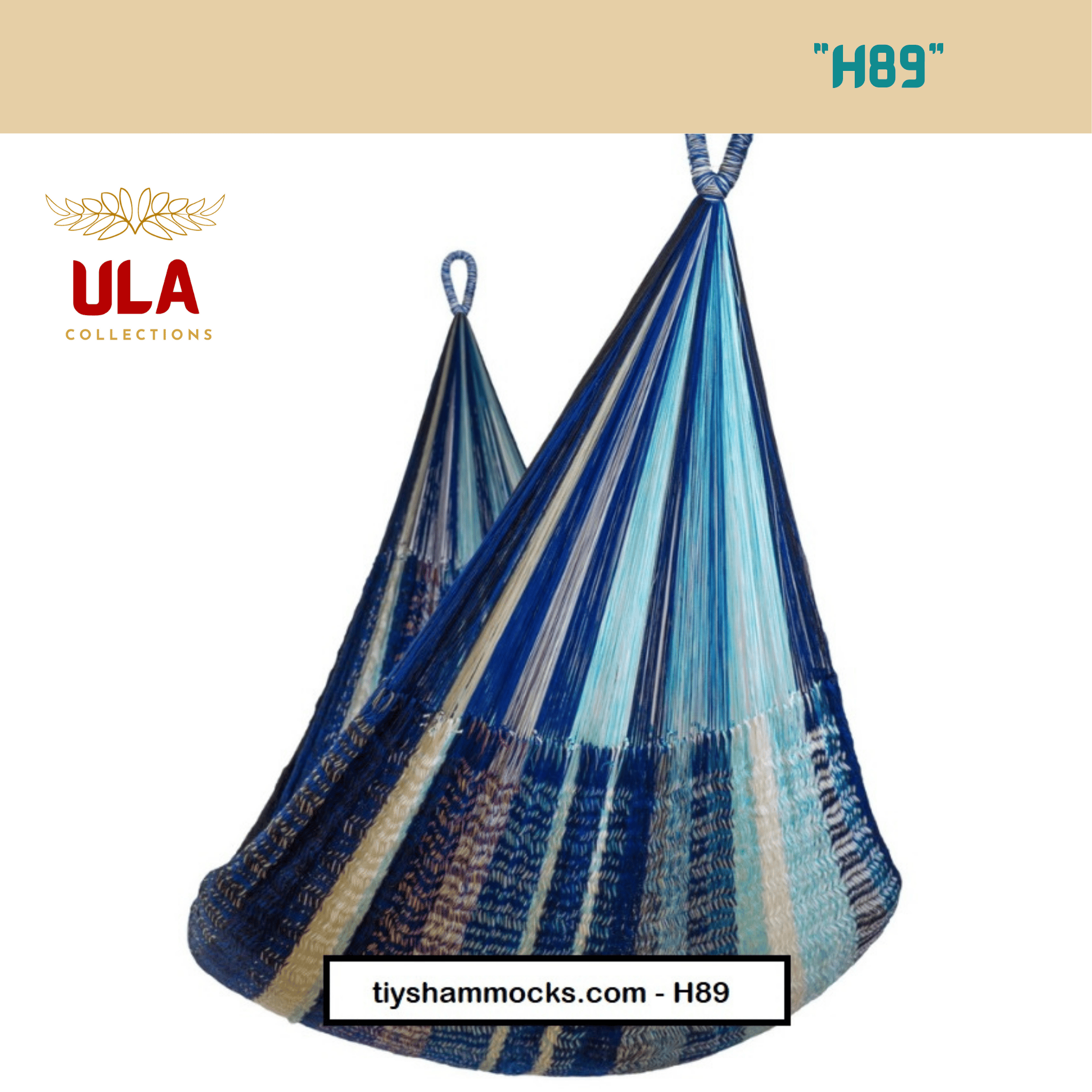 ULA "H89" hanging hammock chair featuring bold stripes of navy blue, light blue, and white/cream, creating a coastal or nautical-themed hanging cocoon.