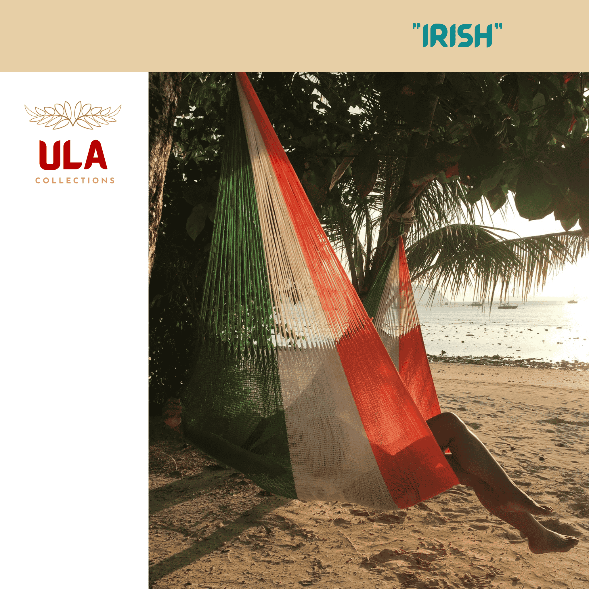 Irish flag colored string hammock (green, white, and orange) hanging on a tropical beach near the ocean.