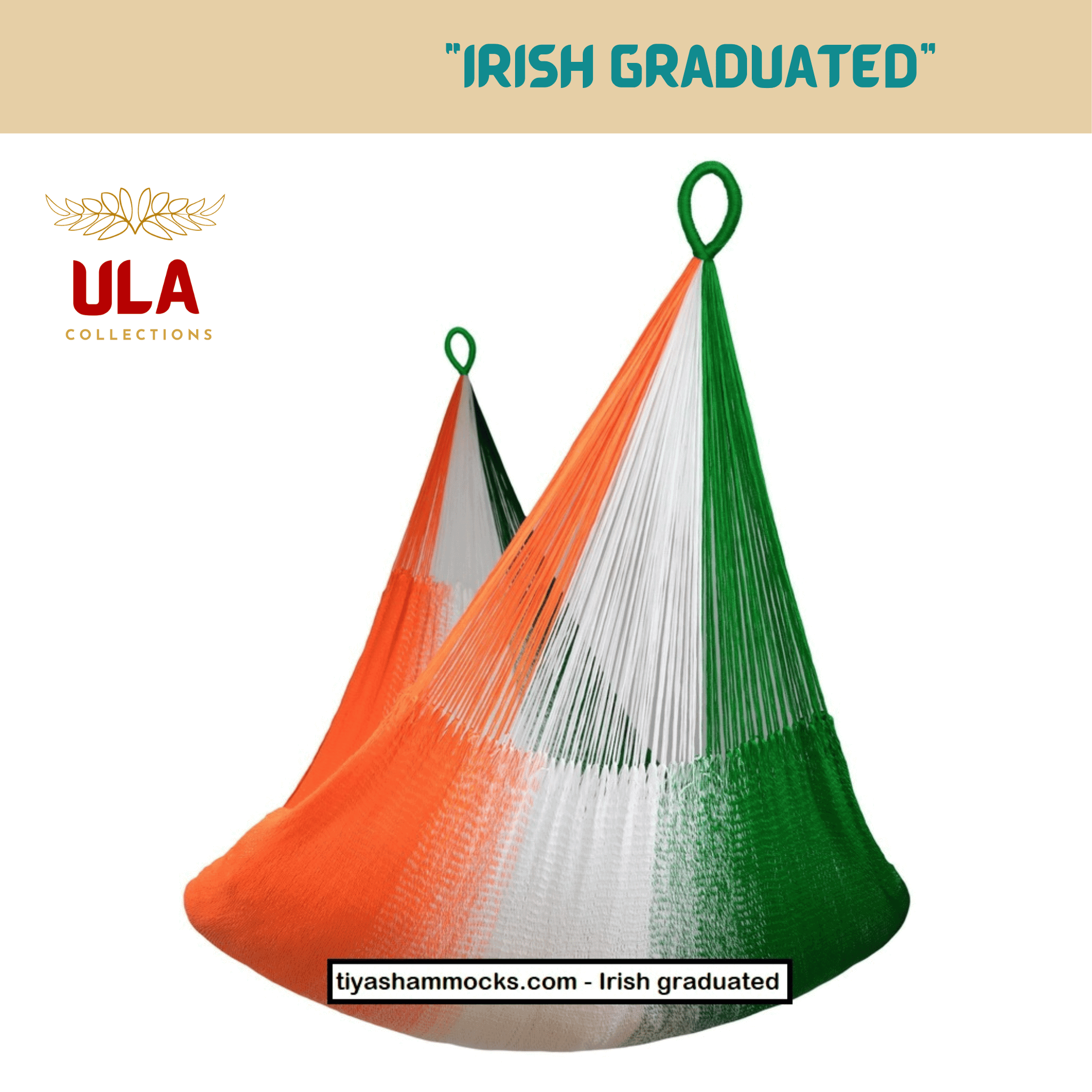 Green, white, and orange tri-color block hammock with graduated string design, isolated product image.