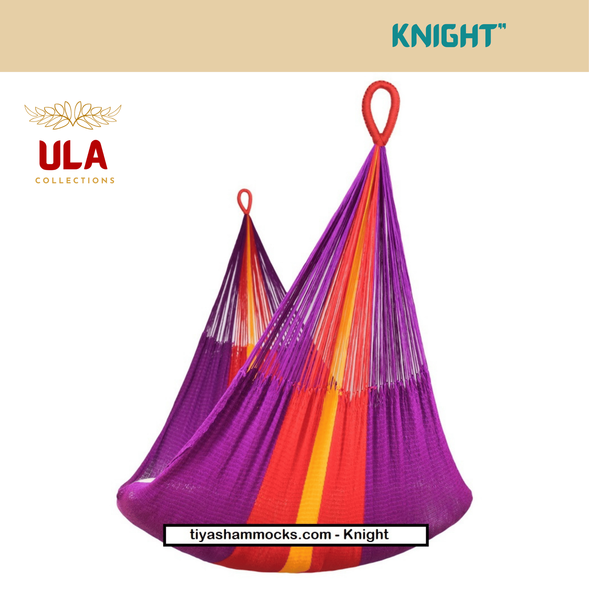 ULA Collections 'Knight' string hammock product image showing wide stripes of purple, red, and yellow on a clean white background.