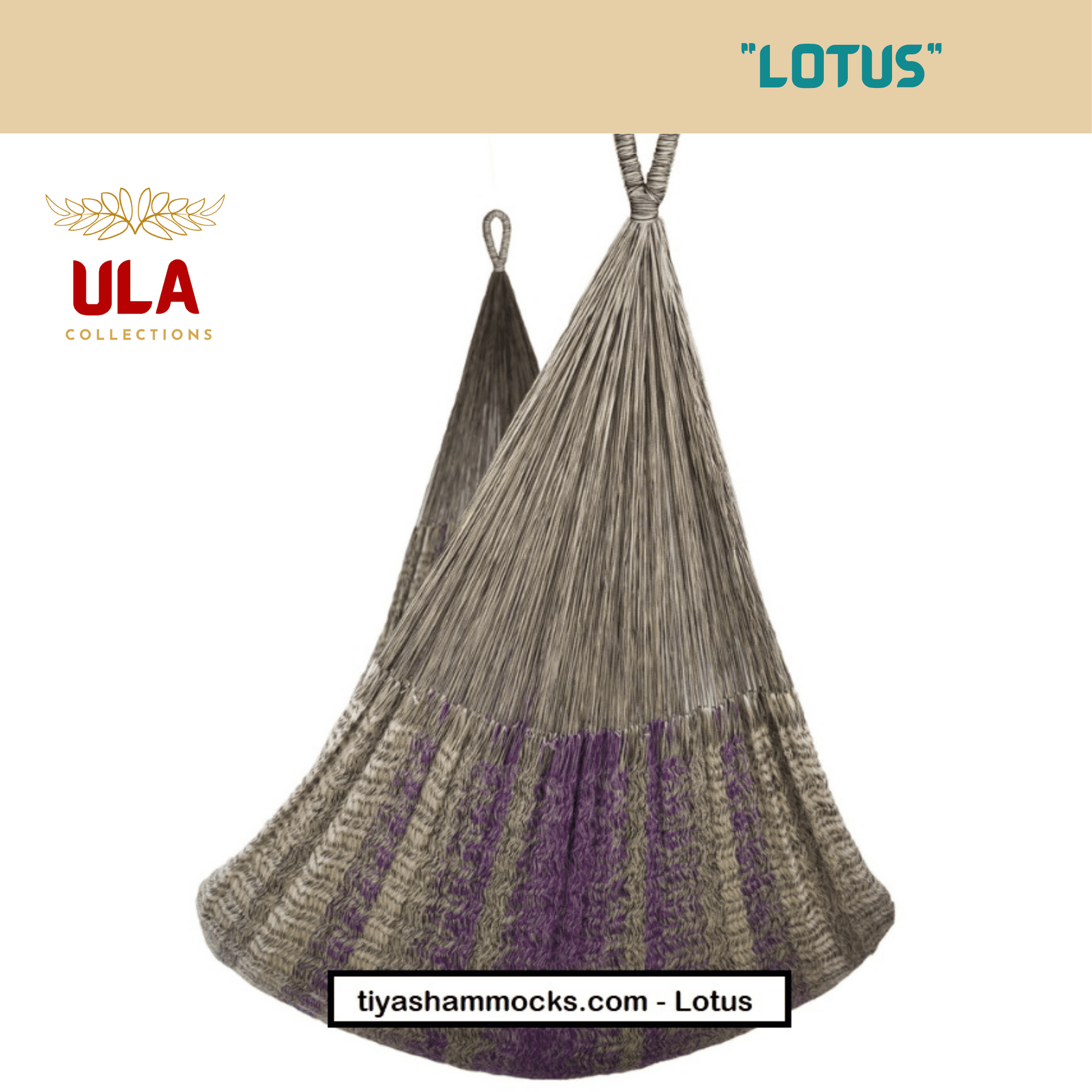 ULA "Lotus" hanging hammock chair featuring a sophisticated blend of natural taupe, gray, and purple woven yarn, ideal for bohemian or contemporary indoor/outdoor decor.