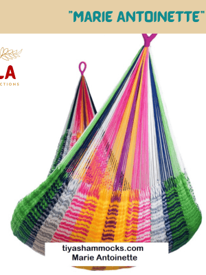 ULA "Marie Antoinette" hanging hammock chair featuring a whimsical mix of hot pink, bright yellow, lime green, and royal blue vertical stripes over a patterned base.