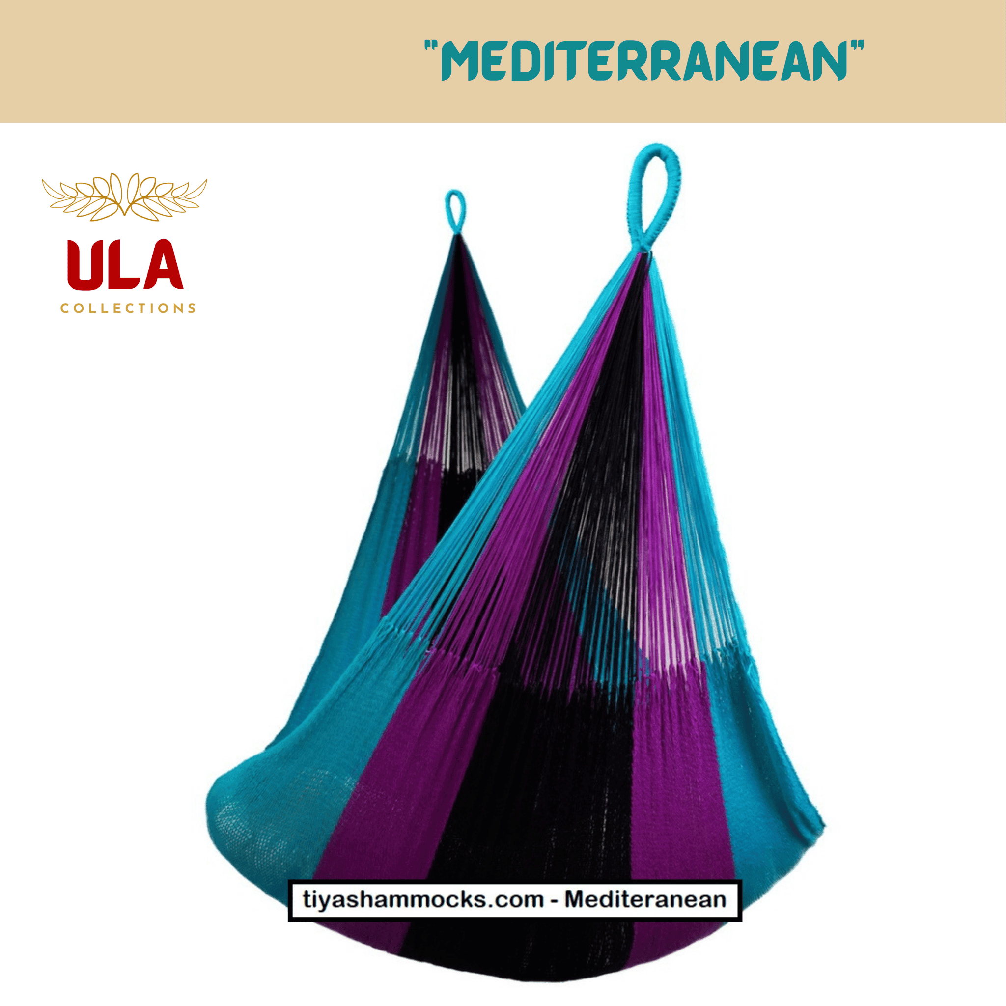 Brightly colored handwoven hammock (teal/blue, purple, and black) suspended outdoors, perfect for a tropical or backyard retreat.