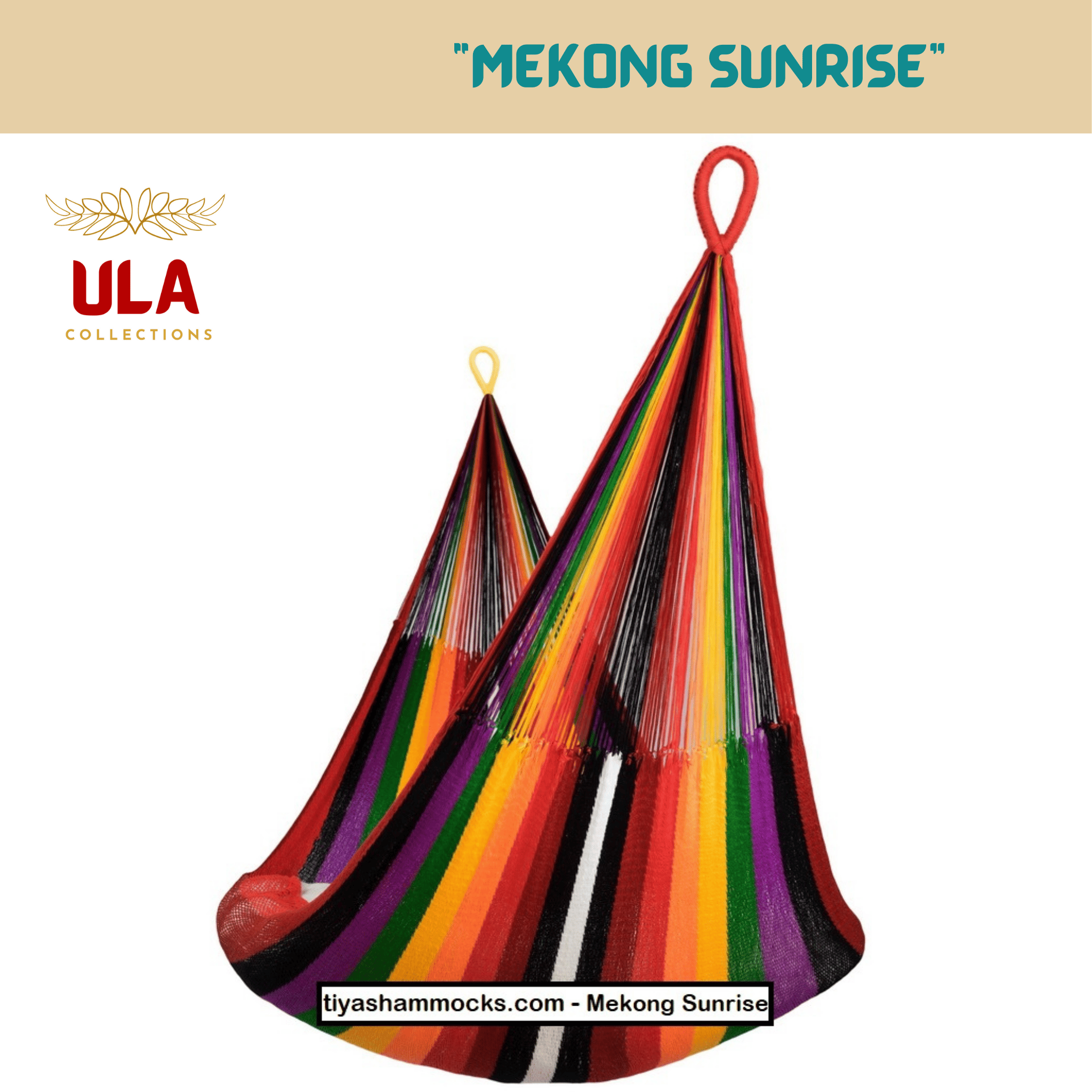 Woven net hammock chair, "Mekong Sunrise" pattern, featuring a warm gradient of purple, light yellow, orange, and black stripes