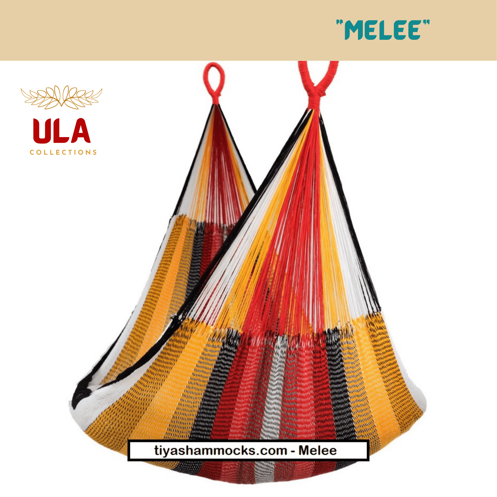 Woven net hammock chair, "Melee" pattern, displaying a chaotic, colorful stripe pattern blending shades of red, black, white, yellow, and orange for a maximalist look.