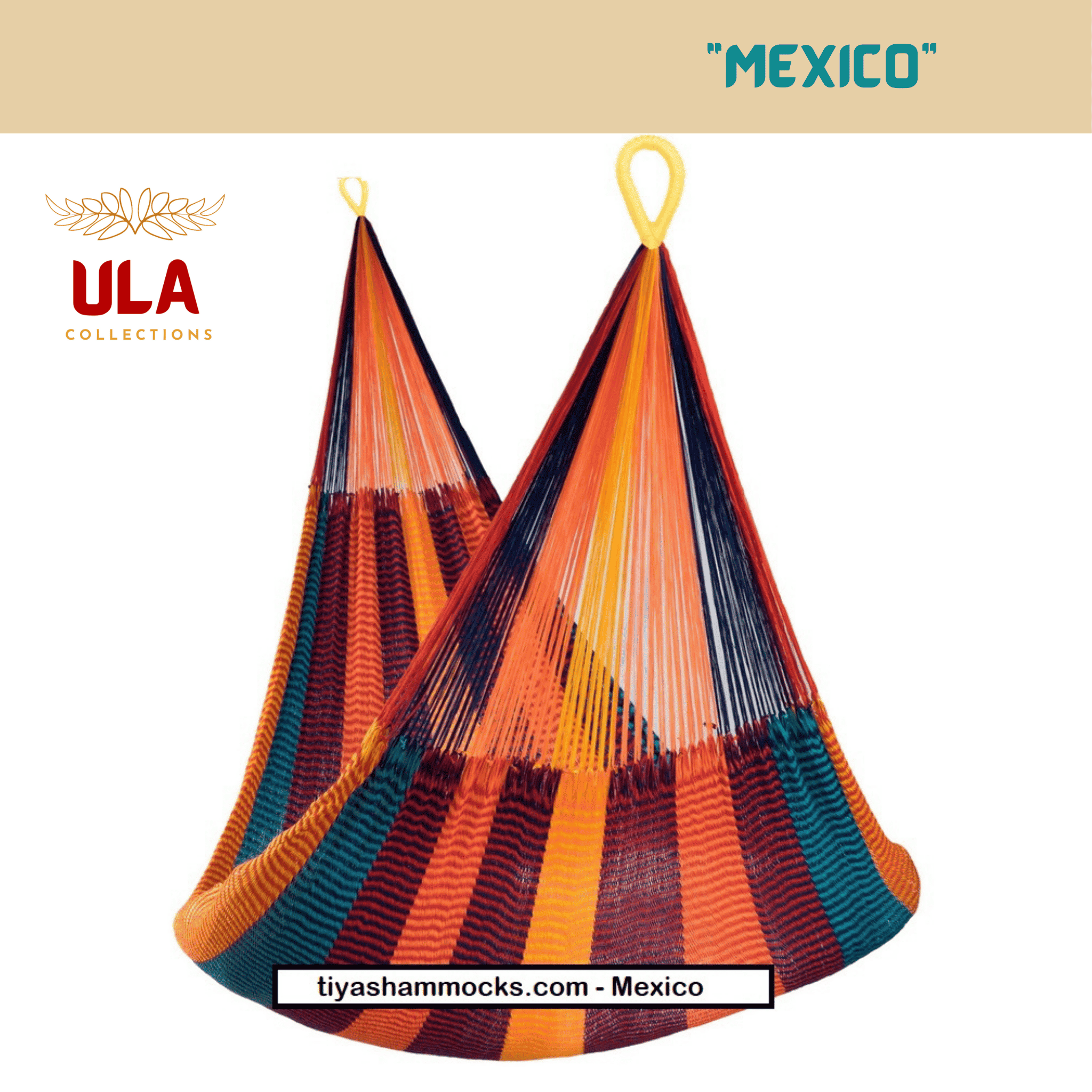 Woven net hammock chair, "Mexico" pattern, featuring vibrant deep blue and bright white stripes with alternating bands of orange, red, and turquoise, reminiscent of Mexican textiles.
