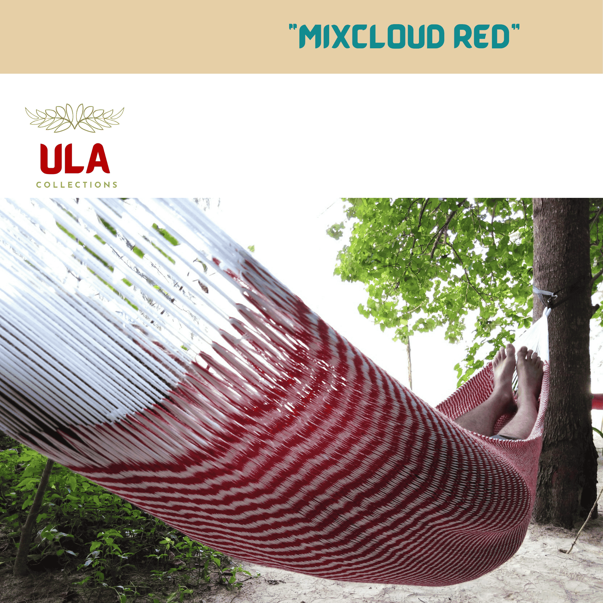 Close-up of a person lying in a bright red and white striped net hammock ("Mixcloud Red" pattern) hung outdoors in a sunny tropical setting near the sand, focusing on the vibrant color and mesh texture.