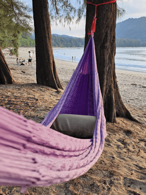 Comfortable Ombre Purple string hammock hanging on a beach with a pillow, showing a gradual color shift from lavender to violet, set up for relaxation.
