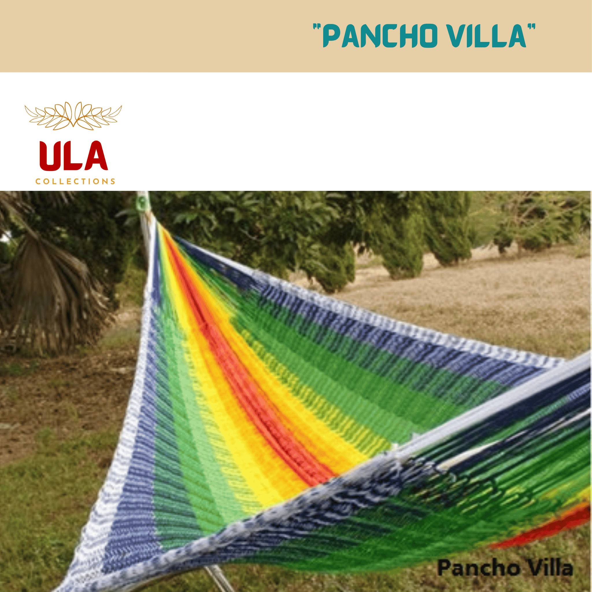 ULA "Pancho Villa" hammock featuring vibrant rainbow stripes of red, yellow, and green contrasting with deep navy blue, hanging outdoors in a lush garden.