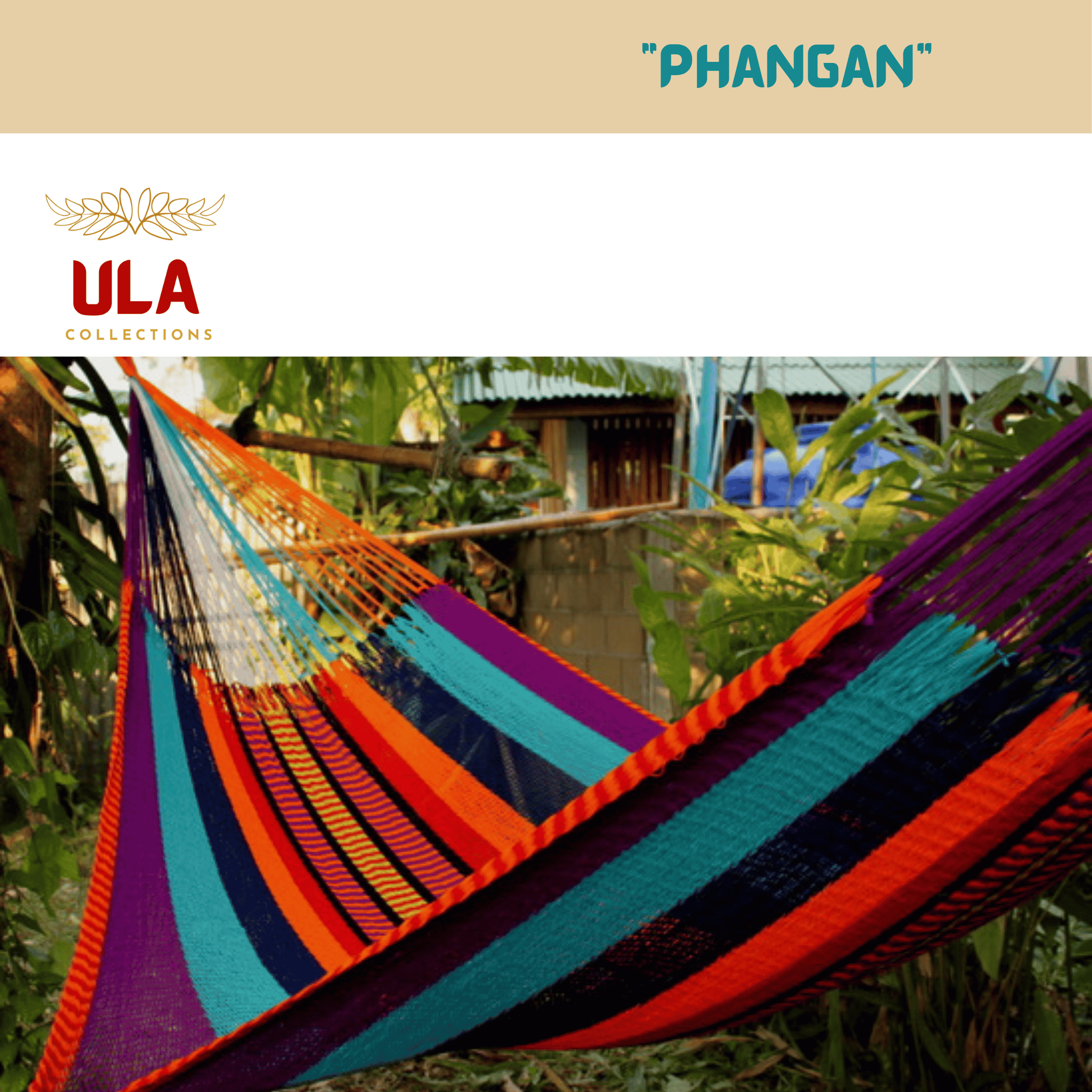 Highly colorful striped net hammock, "Phangan" pattern, hung in a lush green, tropical garden or backyard setting. The stripes feature a bold mix of purple, turquoise, orange, and red.