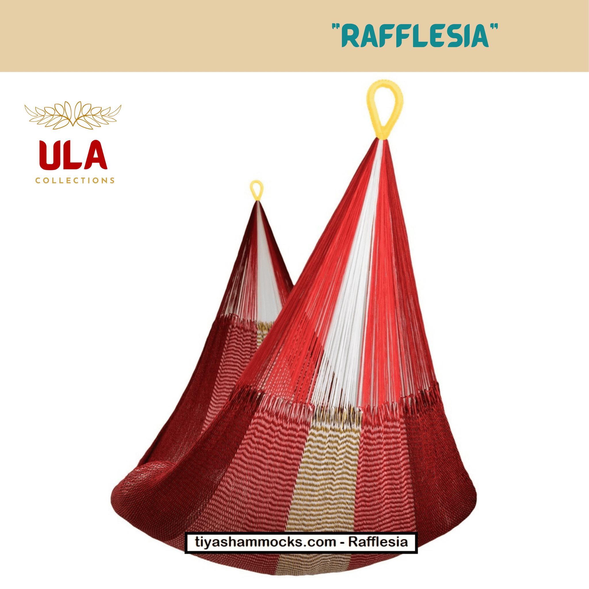 Woven net hammock chair, "Rafflesia" pattern, with a deep red base contrasted by thick vertical stripes of white and beige/gold, offering a rich, elegant look.